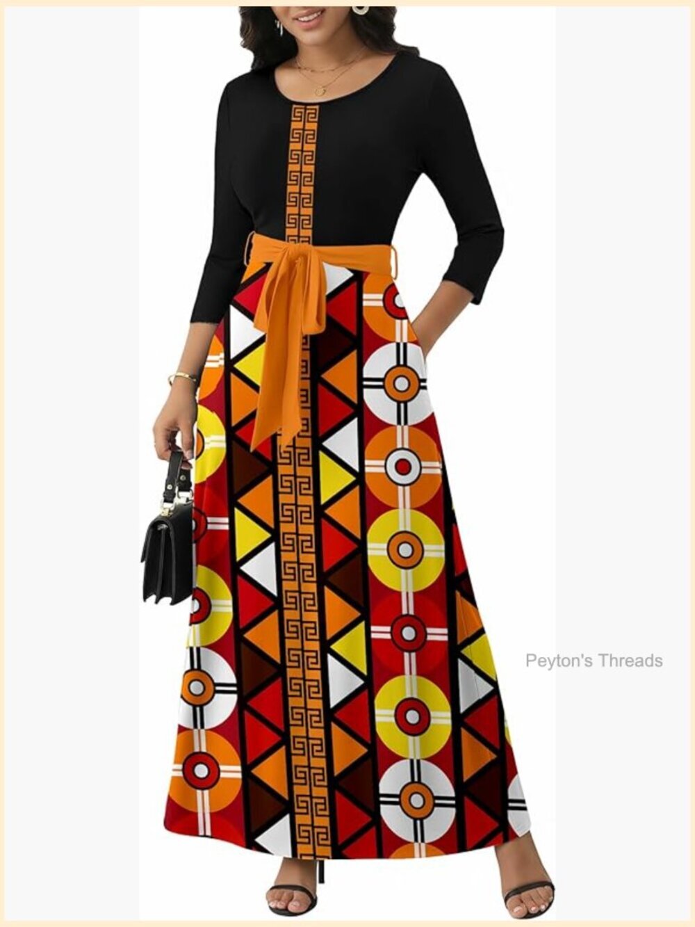 African Print Maxi Dress with Pockets Empire Waist M-3XL
